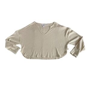 Joy Lab Women XL Cream Waffle Knit V Neck Cropped Long Sleeve Sweater